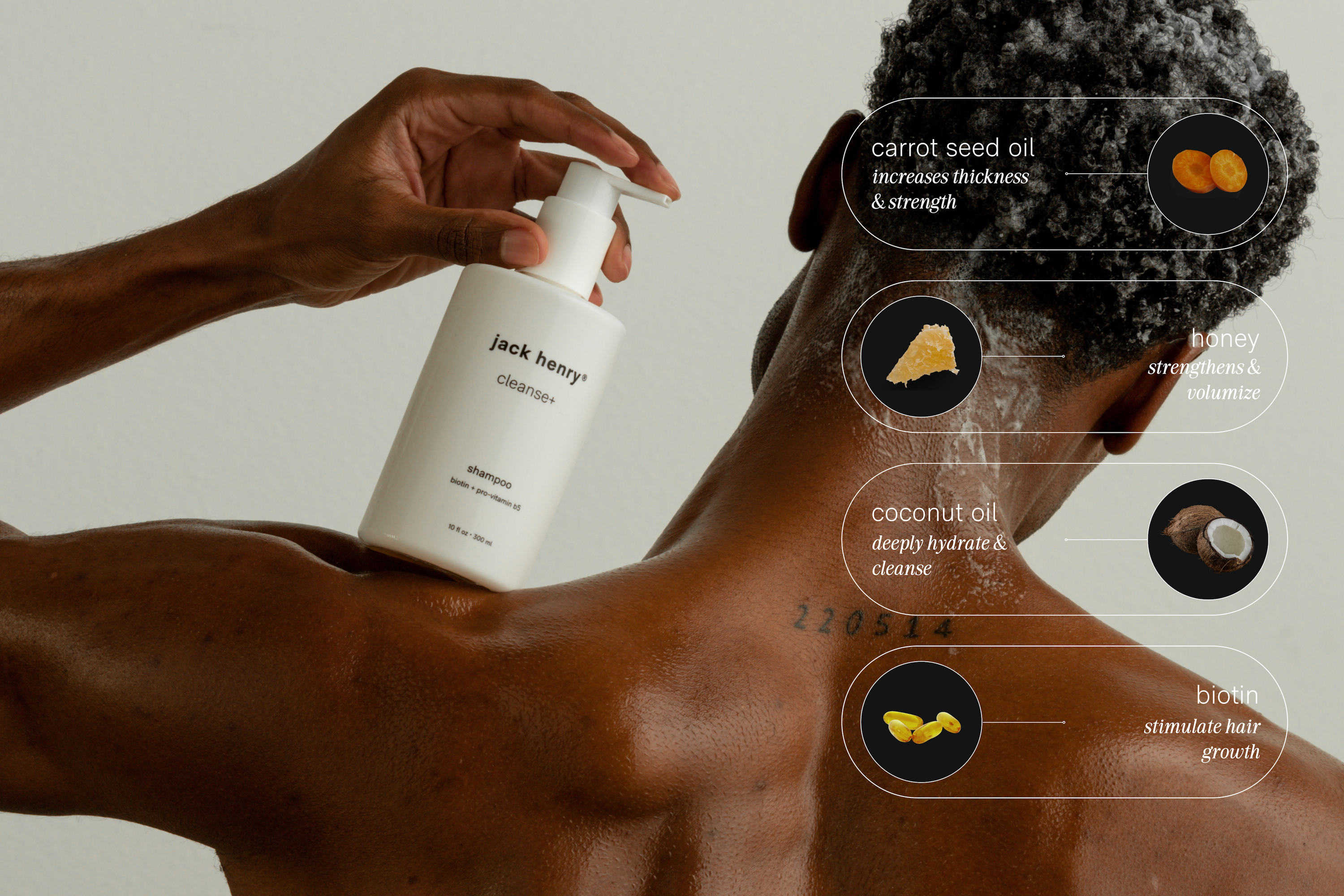 Jack Henry Cleanse+ Shampoo bottle beside skin, with overlay graphics showcasing natural ingredients like honey, biotin, and coconut oil.