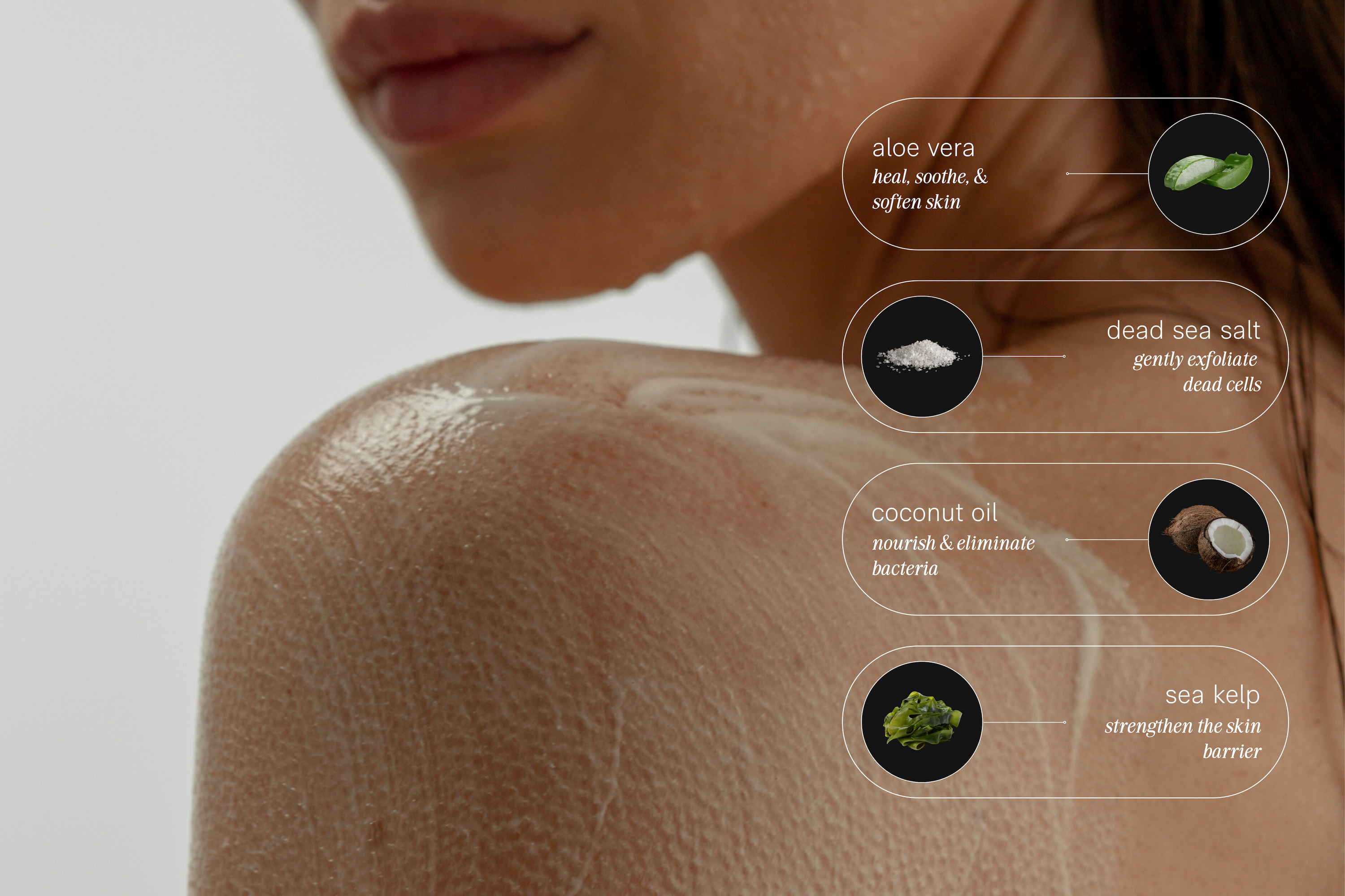 Jack Henry Cleanse+ Shampoo applied to skin, accompanied by ingredient graphics like honey, biotin, and coconut oil, emphasizing its nourishing properties.